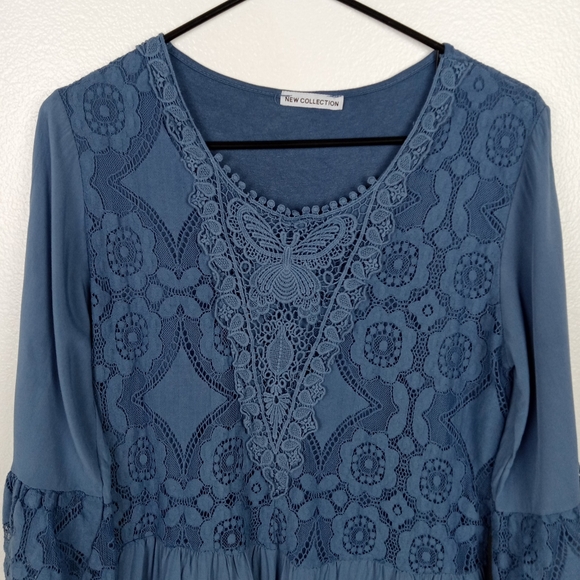 New Collection Dress Blue Bell Sleeves Short Lace Detail Women's Small? - Picture 2 of 11